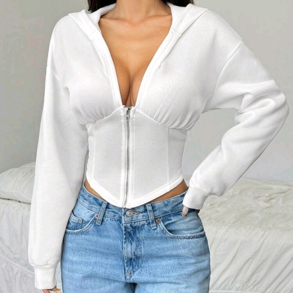 Zip-Up Plain Color Asymmetric Hem Short Hooded Sweatshirt - Picture 2 of 4